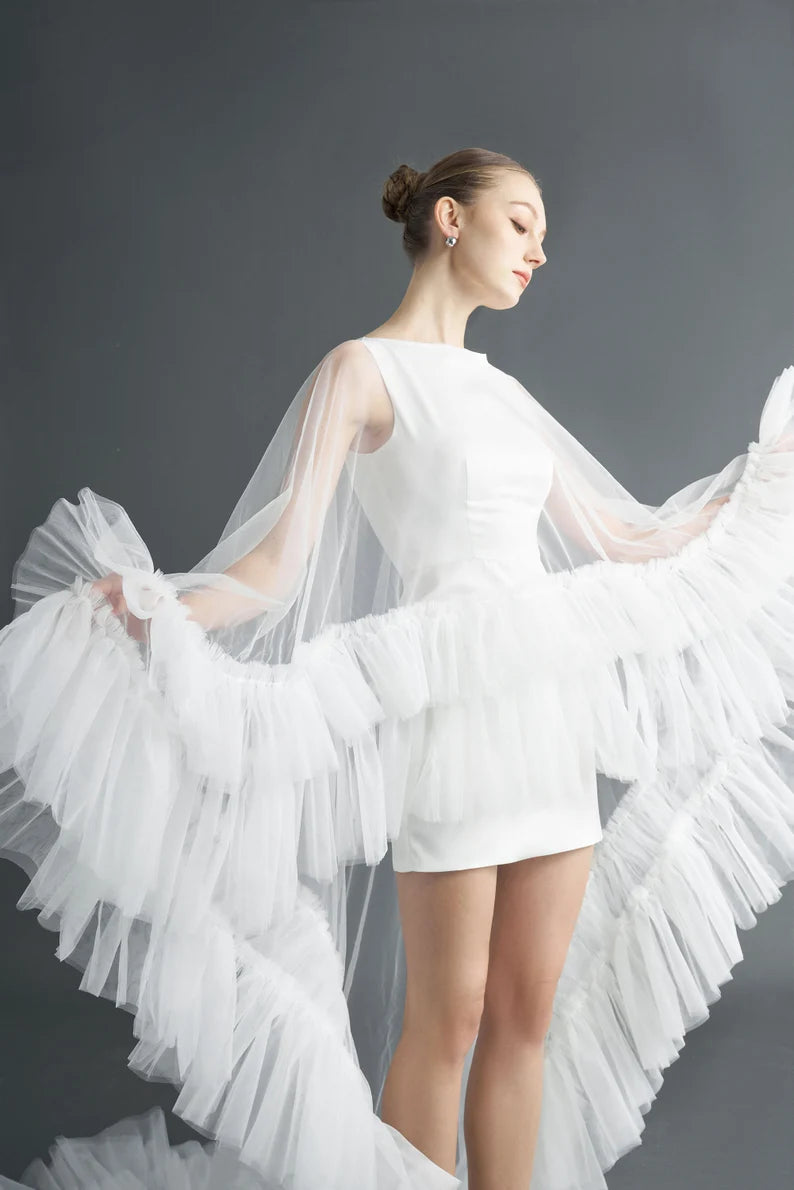 White Tulle Bridal Gown with Ruffle Sleeves & Long Train | Wedding Dress