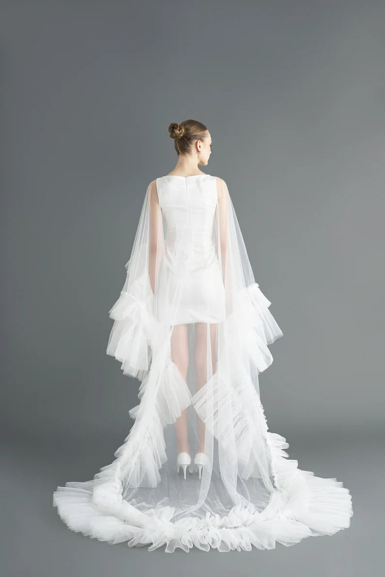 White Tulle Bridal Gown with Ruffle Sleeves & Long Train | Wedding Dress