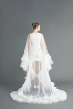 White Tulle Bridal Gown with Ruffle Sleeves & Long Train | Wedding Dress