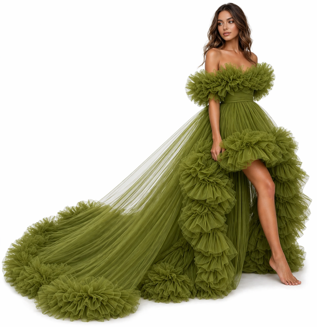 Olive Green Ruffle Flying Dress with Long Train – Luxury Off Shoulder Tulle Gown