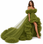 Olive Green Ruffle Flying Dress with Long Train – Luxury Off Shoulder Tulle Gown