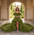 Olive Green Ruffle Flying Dress with Long Train – Luxury Off Shoulder Tulle Gown