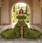 Olive Green Ruffle Flying Dress with Long Train – Luxury Off Shoulder Tulle Gown