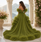 Olive Green Ruffle Flying Dress with Long Train – Luxury Off Shoulder Tulle Gown