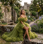 Olive Green Ruffle Flying Dress with Long Train – Luxury Off Shoulder Tulle Gown