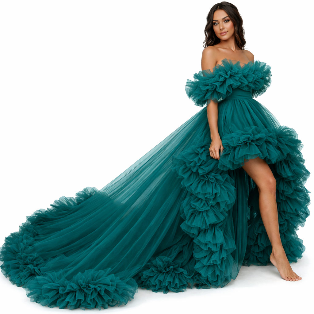 Teal Ruffle Tulle Gown – Off Shoulder High Low Formal Evening Prom Dress with Dramatic Train