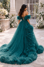Teal Ruffle Tulle Gown – Off Shoulder High Low Formal Evening Prom Dress with Dramatic Train