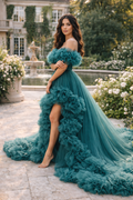 Teal Ruffle Tulle Gown – Off Shoulder High Low Formal Evening Prom Dress with Dramatic Train