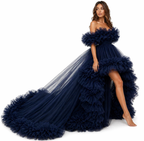 Luxury Navy Blue Ruffle Tulle Gown for Women – Off Shoulder Designer Evening Dress