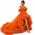 Orange Ruffle Flying Dress for Women Off Shoulder Tulle Couture Gown with Long Train