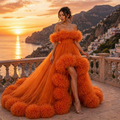 Orange Ruffle Flying Dress for Women Off Shoulder Tulle Couture Gown with Long Train