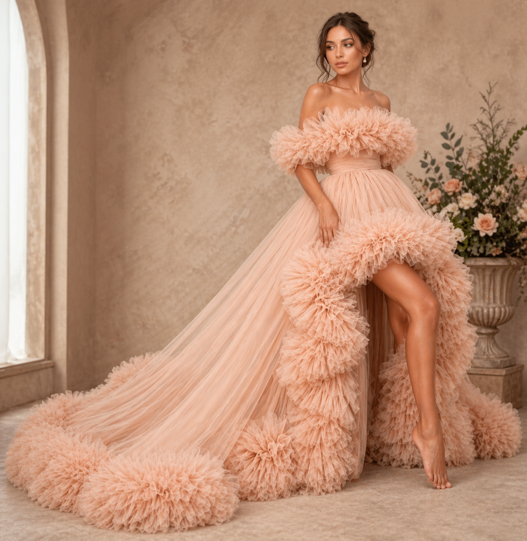 Peach Ruffle Tulle Gown – Off Shoulder High Low Luxury Evening Dress