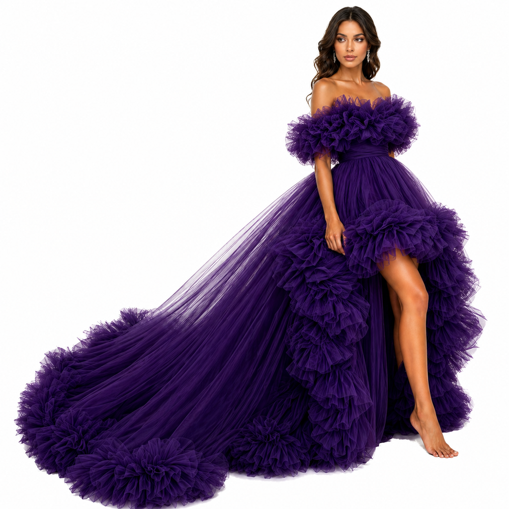 Luxury Purple Ruffle Tulle Gown – Off Shoulder Evening Dress with Dramatic Train