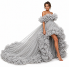 Luxury Grey Tulle Ruffle Gown for Women Off Shoulder Ball Gown Couture Evening Dress
