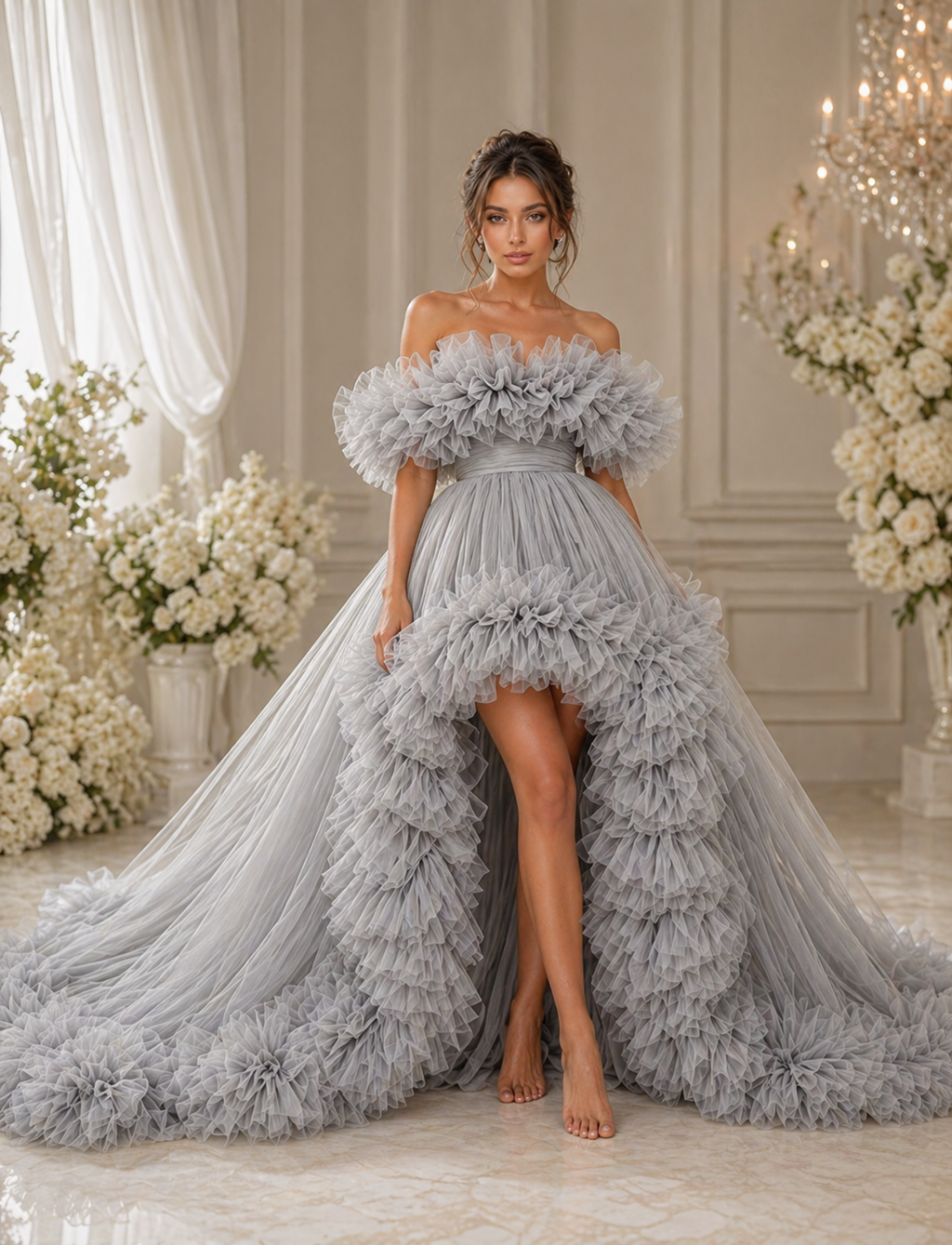 Luxury Grey Tulle Ruffle Gown for Women Off Shoulder Ball Gown Couture Evening Dress