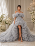 Luxury Grey Tulle Ruffle Gown for Women Off Shoulder Ball Gown Couture Evening Dress