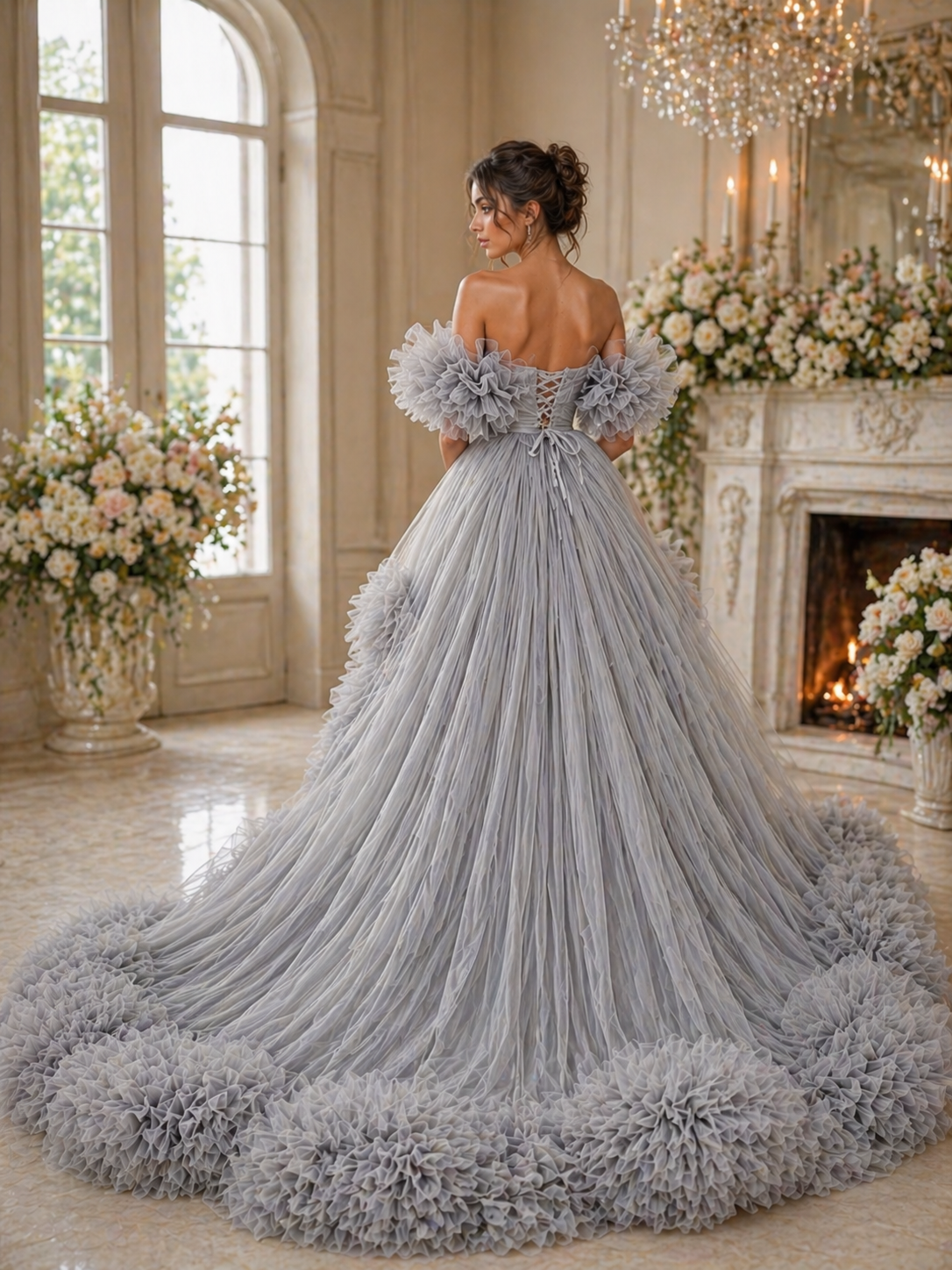 Luxury Grey Tulle Ruffle Gown for Women Off Shoulder Ball Gown Couture Evening Dress