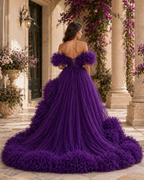 Luxury Purple Ruffle Tulle Gown – Off Shoulder Evening Dress with Dramatic Train