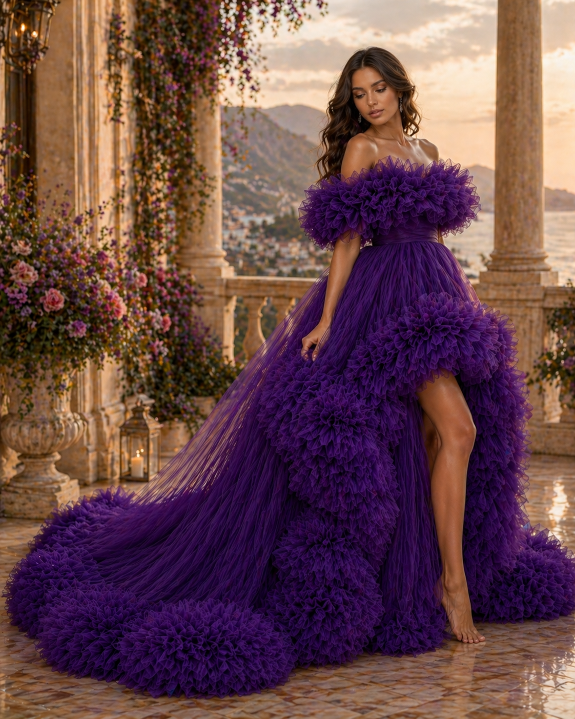 Luxury Purple Ruffle Tulle Gown – Off Shoulder Evening Dress with Dramatic Train