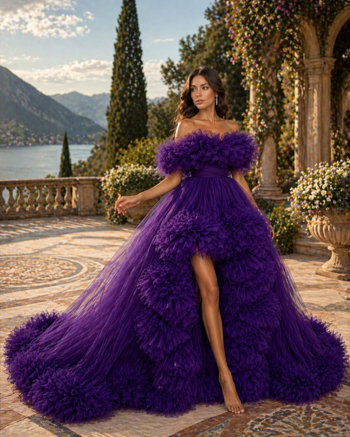 Luxury Purple Ruffle Tulle Gown – Off Shoulder Evening Dress with Dramatic Train