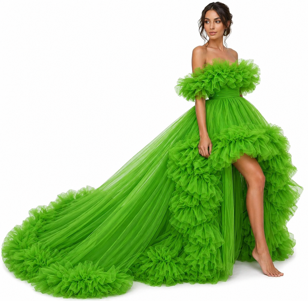 Lime Green Ruffle High Low Gown – Off Shoulder Tulle Formal Dress