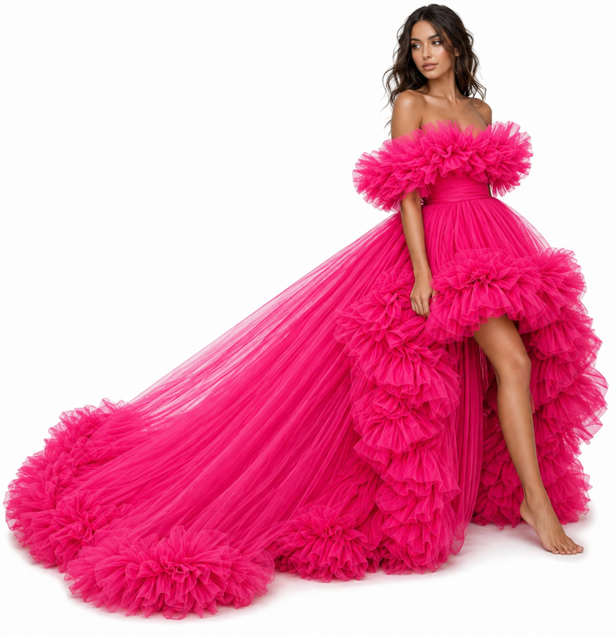 Hot Pink Tulle Dress, High Low Ruffle Gown, Off Shoulder Prom Dress, Long Train Formal Gown