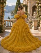 Mustard Yellow Floral Ruffle Ball Gown Off Shoulder Evening Dress