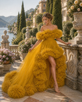 Mustard Yellow Floral Ruffle Ball Gown Off Shoulder Evening Dress