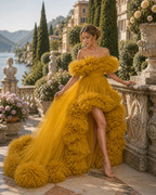 Mustard Yellow Floral Ruffle Ball Gown Off Shoulder Evening Dress