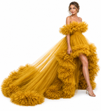 Mustard Yellow Floral Ruffle Ball Gown Off Shoulder Evening Dress