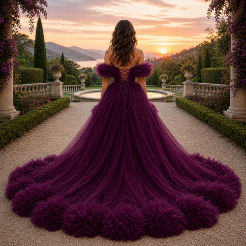 Elegant Purple Ruffle Dress for Women, Couture Maxi Gown, Destination Wedding Dress, Luxury Holiday Photoshoot Outfit