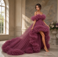 Mauve Ruffle Tulle High Low Gown – Off Shoulder Luxury Evening Dress