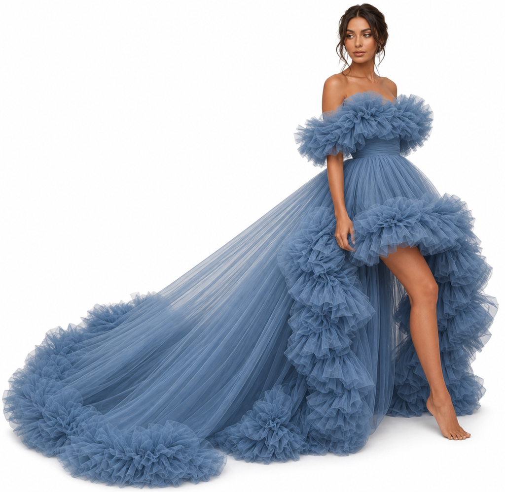Dusty Blue Tulle Dress, High Low Ruffle Gown, Off Shoulder Prom Dress, Long Train Formal Gown