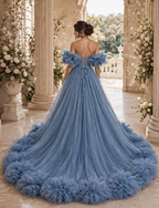 Dusty Blue Tulle Dress, High Low Ruffle Gown, Off Shoulder Prom Dress, Long Train Formal Gown