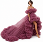 Mauve Ruffle Tulle High Low Gown – Off Shoulder Luxury Evening Dress