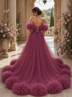 Mauve Ruffle Tulle High Low Gown – Off Shoulder Luxury Evening Dress