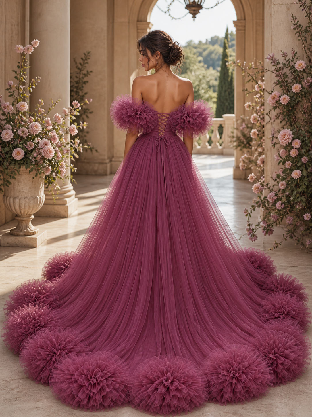 Mauve Ruffle Tulle High Low Gown – Off Shoulder Luxury Evening Dress