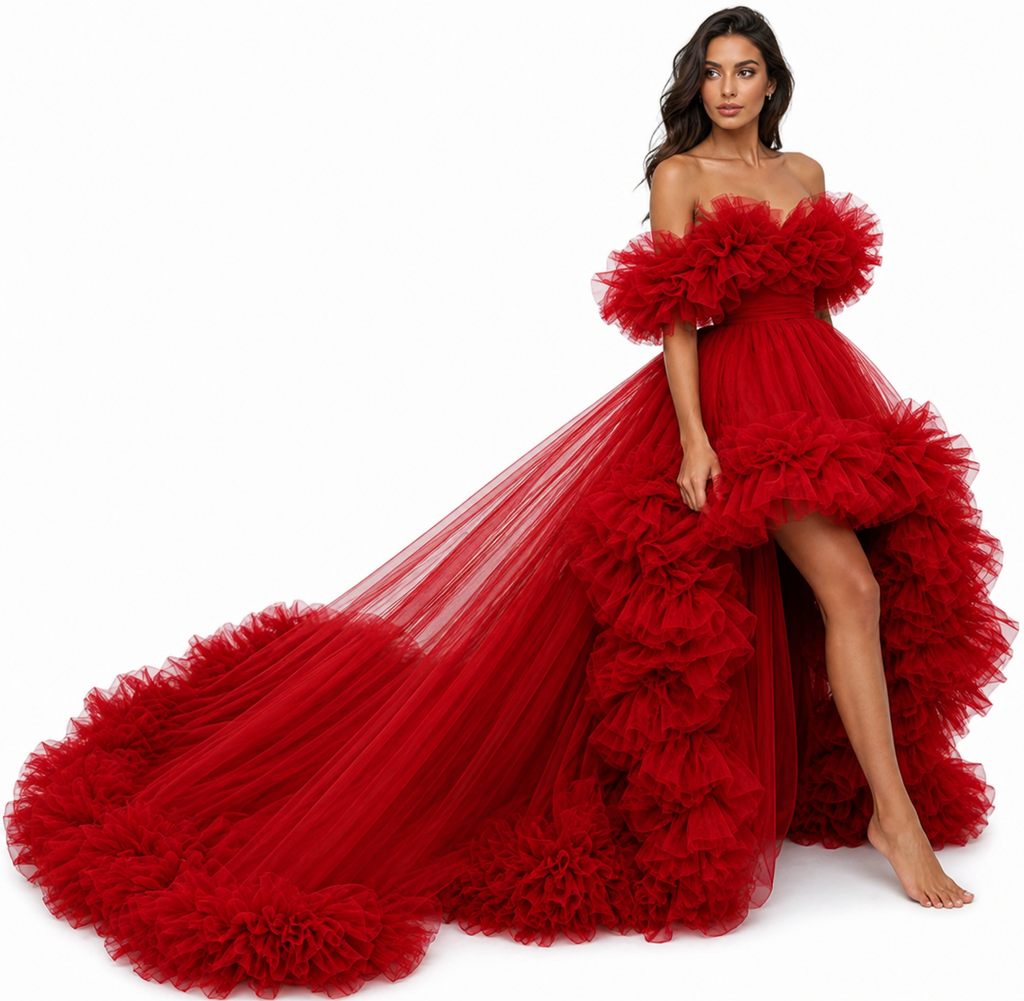 Red Ruffle Tulle Gown – Off Shoulder High Low Formal Evening Dress