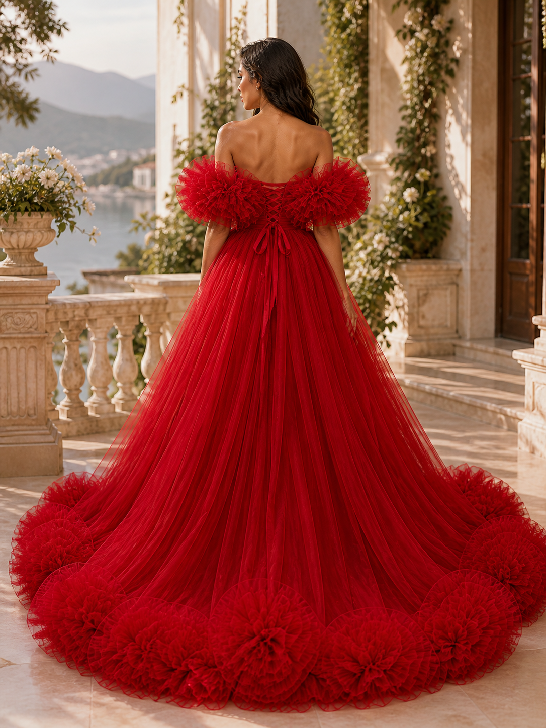 Red Ruffle Tulle Gown – Off Shoulder High Low Formal Evening Dress