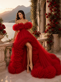 Red Ruffle Tulle Gown – Off Shoulder High Low Formal Evening Dress