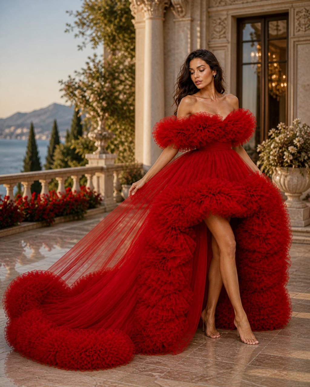 Red Ruffle Tulle Gown – Off Shoulder High Low Formal Evening Dress