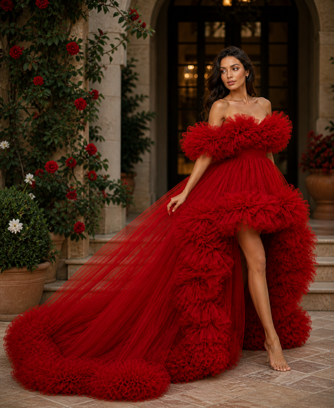 Red Ruffle Tulle Gown – Off Shoulder High Low Formal Evening Dress