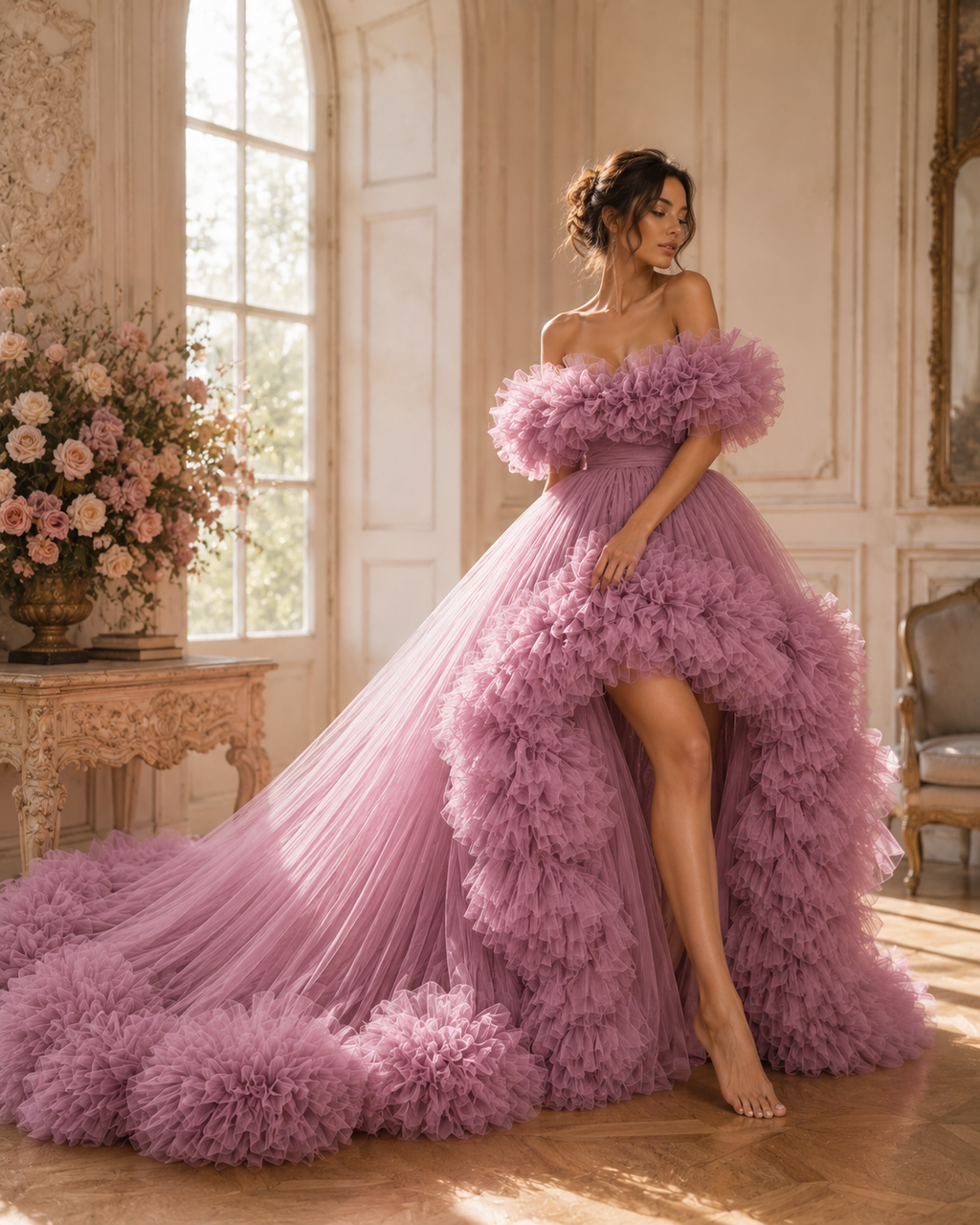 Luxury Blush Pink Ruffle Tulle Ball Gown Off Shoulder Fairy Tale Wedding & Evening Dress