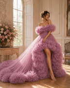 Luxury Blush Pink Ruffle Tulle Ball Gown Off Shoulder Fairy Tale Wedding & Evening Dress