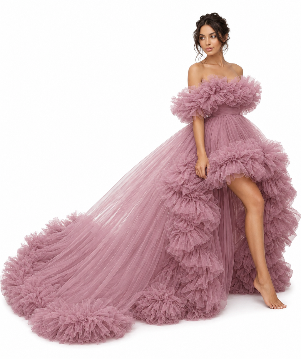 Luxury Blush Pink Ruffle Tulle Ball Gown Off Shoulder Fairy Tale Wedding & Evening Dress