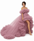 Luxury Blush Pink Ruffle Tulle Ball Gown Off Shoulder Fairy Tale Wedding & Evening Dress