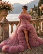 Luxury Blush Pink Ruffle Tulle Ball Gown Off Shoulder Fairy Tale Wedding & Evening Dress