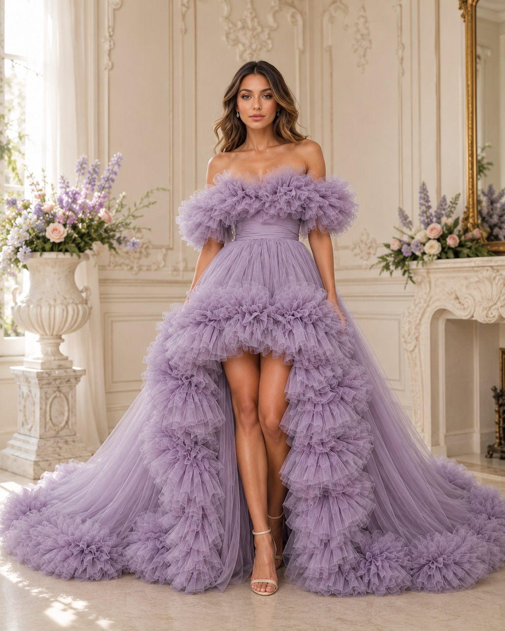 Lavender Flying Dress with Long Train – Luxury Ruffle Tulle Photoshoot Gown
