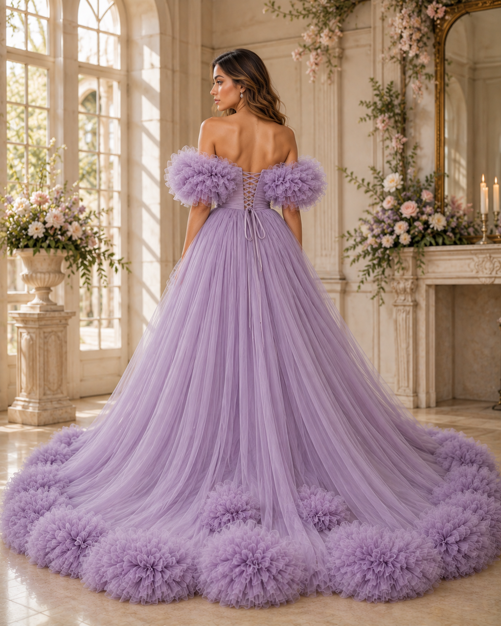 Lavender Flying Dress with Long Train – Luxury Ruffle Tulle Photoshoot Gown