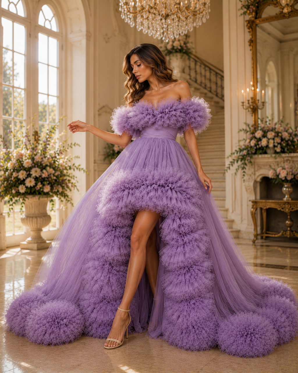 Lavender Flying Dress with Long Train – Luxury Ruffle Tulle Photoshoot Gown